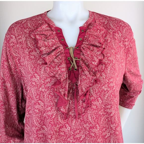 Ralph Lauren Jeans Co. Ruffled V-Neck Jersey Knit Laced Top Cranberry Floral 2X - Picture 2 of 10